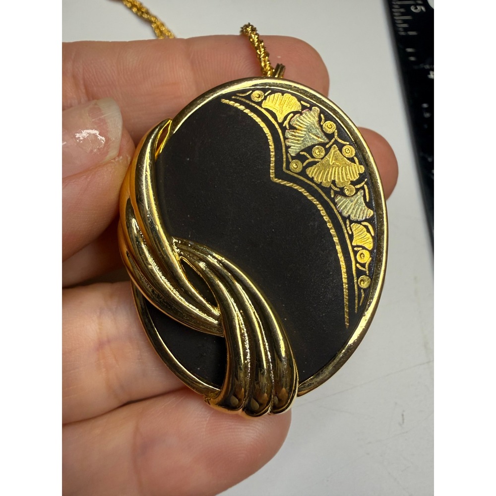 Amita Japan 24K Gold Damascene Oval Pendant Necklace Scarf Clip Black Floral